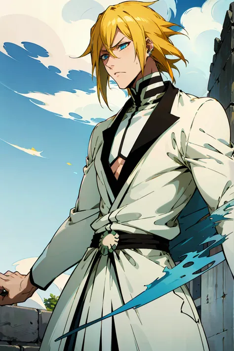 1male, Young Adult, Short Hair, YellowColored Hair, Black Highlights, Two Toned Hair, Sky Blue Eyes, Bleach, Hueco Mundo, Arrancar Clothing, Sunny, Muscular, White Coat, Detailed Eyes, Wavy Hair, Earring, Slicked Back Hair