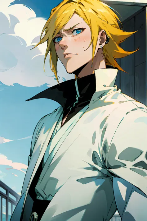 1male, young adult, short hair, yellowcolored hair, black highlights, two toned hair, sky blue eyes, bleach, hueco mundo, arranc...