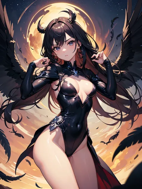 ((Masterpiece))，(Best Quality)，(Highest resolution)，(8K)，(Clean lines)，(Perfect Face，Perfect meat)，(Official Art), Cowboy Shot,（Magical girl）,villain,  Black Costume, Small breasts, Long Hair,  large black feathers, Night Sky, Mean face