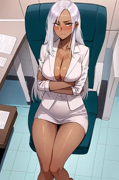 painting (by ratatatat74:1.25), 1girl, solo, (dark skin:1.31), silver hair, office suit, strict, office, arms crossed, on chair, 4K, majestic lighting 