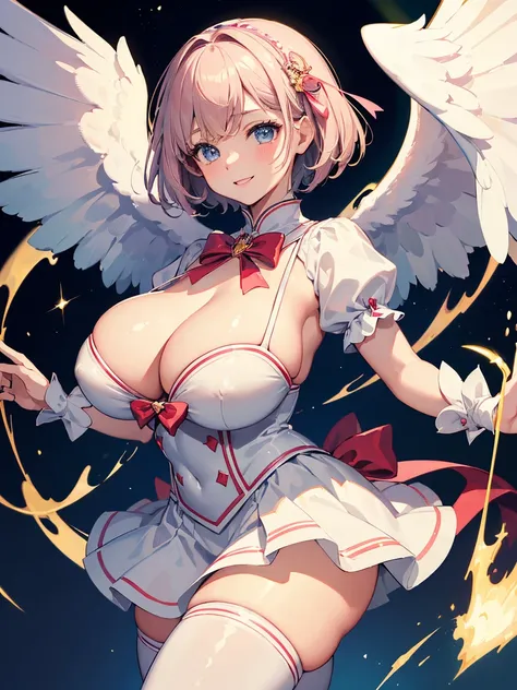 ((Masterpiece))，(Best Quality)，(Highest resolution)，(8K)，(Clean lines)，(Perfect Face，Perfect meat)，(Official Art)，（Magical girl）,, 8-year-old, Cute white outfit, Short Hair, ribbon, huge breasts, Fat, Big angel wings, Night Sky, smile