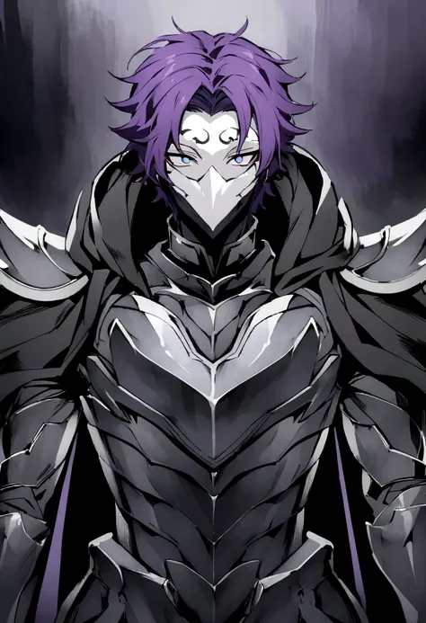 anime drawing style of a purple haired effeminate boy with a mask that only covers the upper part of his face such as his forehead and eyes and the eyes have a white colored glass so they cannot be seen, the mask being black and the boy does not have a mou...