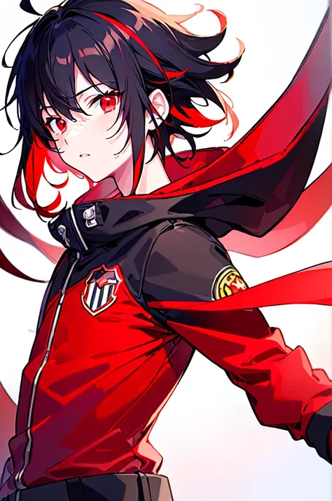 [(WHITE BACKGROUND:1.5),::5], ((((masterpiece)))), high quality, ultra very high resolution, full color, (((solo))), ((little boy)), black hair, ((red streaked hair)), (red eyes), anime, ((upper body)), neon light, black parka, 