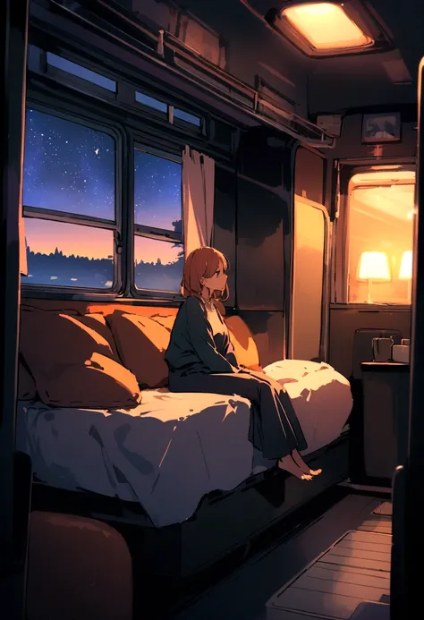 Woman sitting in a cozy room on a train, Comfortable bed, The window and the night outside, Dim orange light, Its dark outside,Starry sky outside、Very cozy room on the train.Trailer House、