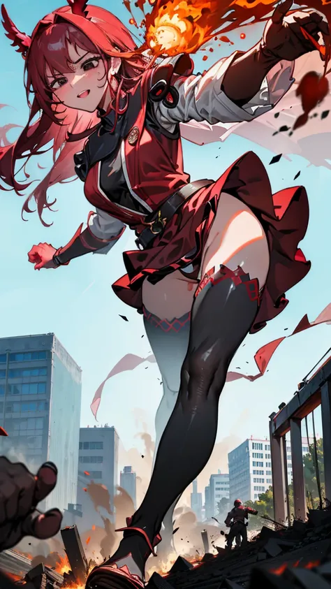 Striding through a busy university campus, the Giantess Goddess with crimson skin and onyx black eyes looms over the buildings. Her hair, a cascade of crimson flames, sets the surroundings ablaze. Normal-sized students and professors scatter, but many are ...