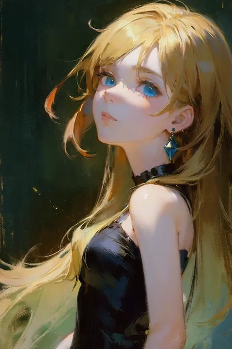 (top-quality、​masterpiece:1.2) 1woman, detailed portraiture art of a character, loose oil paint, thick pain, portrait, video game character art, female, black background background, stunning, perfect artwork, blonde hair, black dress, hair dyed green at th...