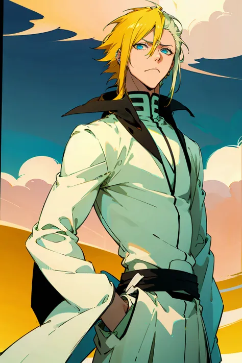 1male, young adult, short hair, yellowcolored hair, black highlights, two toned hair, sky blue eyes, bleach, hueco mundo, arranc...