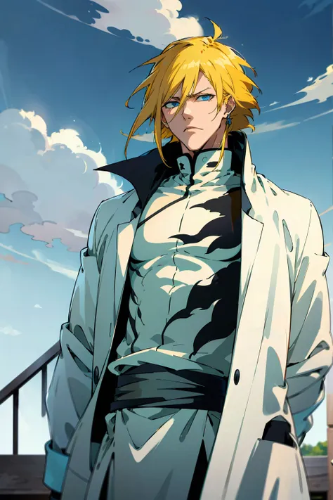 1male, young adult, short hair, yellowcolored hair, black highlights, two toned hair, sky blue eyes, bleach, hueco mundo, arranc...