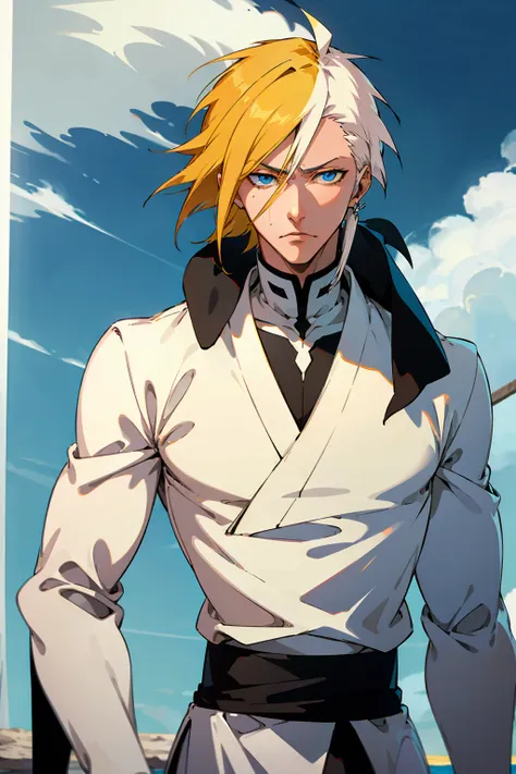 1male, Young Adult, Short Hair, YellowColored Hair, Black Highlights, Two Toned Hair, Sky Blue Eyes, Bleach, Hueco Mundo, Arrancar Clothing, Sunny, Muscular, White Coat, Detailed Eyes, Wavy Hair, Earring, Slicked Back Hair