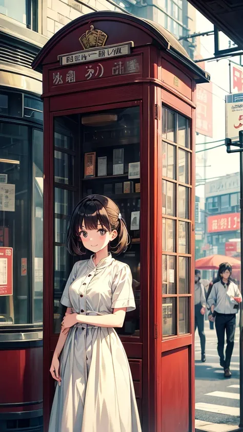 A shopping street in front of the station in the late Showa period。A young woman wearing a neat white dress、Standing in an old phone booth with a lovely smile。Behind her、A shopping street lined with retro signs spreads out、The streetcar is running。The woma...