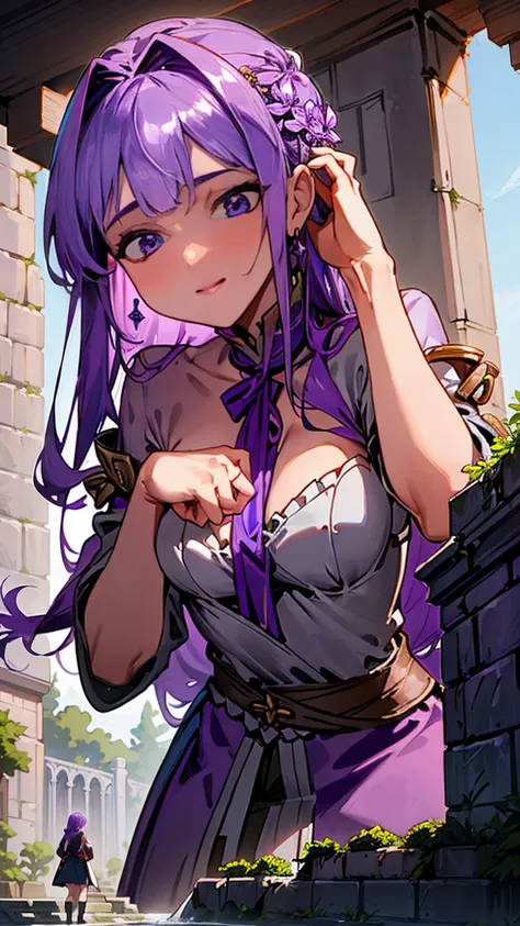 within the walls of an ancient castle, the giantess goddess with amethyst purple skin and silver-gray eyes surveys the courtyard...