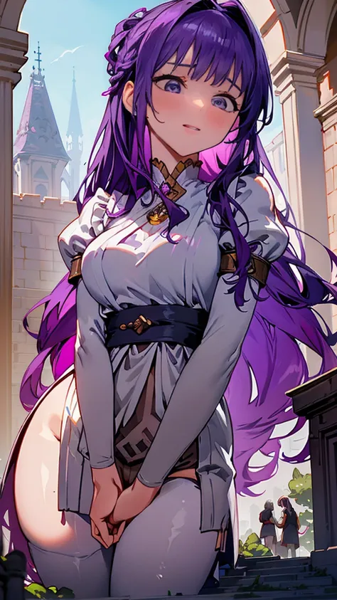 within the walls of an ancient castle, the giantess goddess with amethyst purple skin and silver-gray eyes surveys the courtyard...