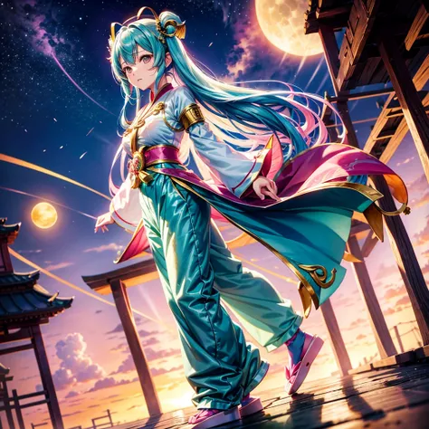 Miku Nakano posing for the camera wearing pink slippers ( pies), blue angelic (pants), yin yan dorado, long shiny gold hair, 2 large horns equal to the golden moon from free fire, black eyes.
Soft sunset lighting.