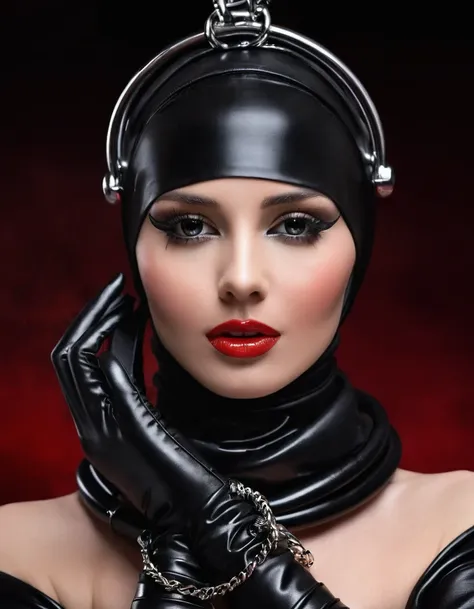 very thin. naked sexy model. in bdsm style. latex hijab and doll mask. shiny steel bracelets on top of black gloves. and shiny s...