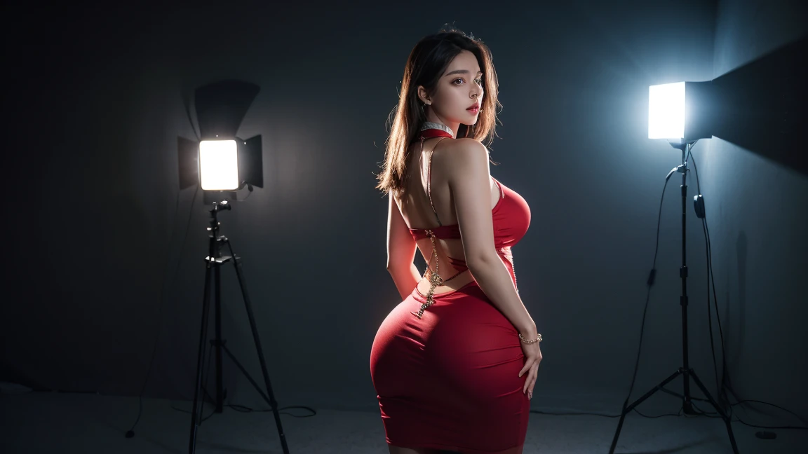 A thick girl standing , (((huge ass))), tight dress, intricate details, realistic, photorealistic, 8K, highly detailed, masterpiece, dramatic lighting, cinematic, award-winning art, choker, navel piercing, diamond necklace, holding ass with hands