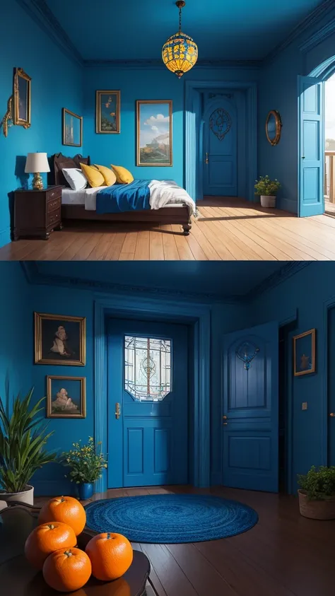 (masterpiece,Highest quality:8K) there is a blue door with a tree and oranges on it, blue and yellow theme, blue color theme, blue door, blue and yellow color theme, magical colours and atmosphere, magical colors and atmosphere, blue themed, blue theme, in...