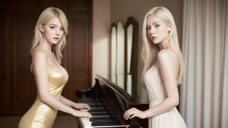 Playing the piano、A beautiful woman standing in a fantastic space, White and gold tight micro dress, 8K, {{masterpiece}}, highest quality, expensive quality:1.4), {{[[Front view}}, eye_Touch,Multiple photo poses)]], Very cute face, and very pretty eyes, Cu...