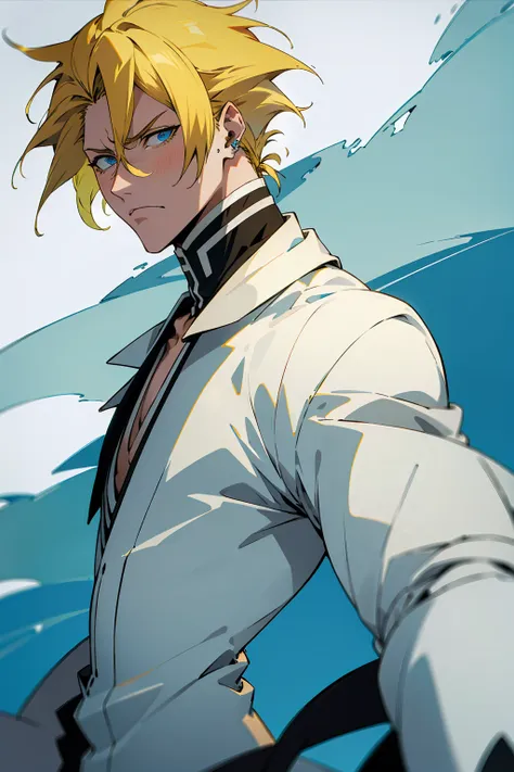 1male, Young Adult, Short Hair, YellowColored Hair, Black Highlights, Two Toned Hair, Sky Blue Eyes, Bleach, Hueco Mundo, Arrancar Clothing, Sunny, Muscular, White Coat, Detailed Eyes, Wavy Hair, Earring, Slicked Back Hair