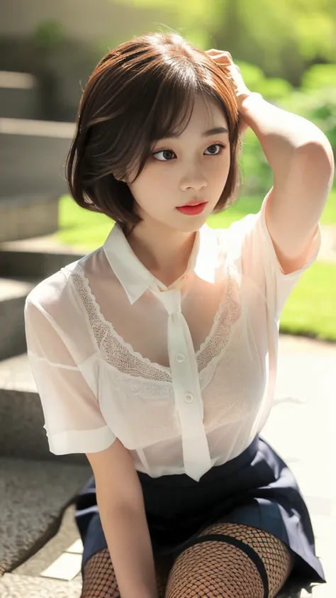 Korean 、summer  shirt、Tight shirt、Ribbon Ties、skirt by the、schools、stairs at school、chest lifting pose、Emphasis on the chest、Slender and large、8K raw photos、A high resolution、18-year-old Korean、embarrassing looking、very large round breasts、Beautiful eyes f...