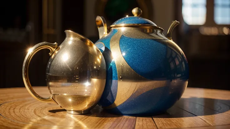 The hourglass shape of the teapot is a work of art, baroque style, glossy shiny vibrant golden colour, blue sapphire inlay, red pearl and  rubies,  aesthetics, realism, beauty sophistication, luxury, professional photo, high detail, high resolution, hyperr...