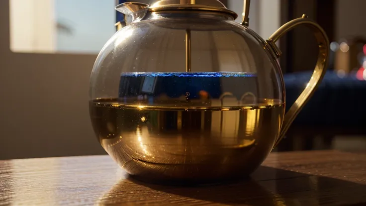 The hourglass shape of the teapot is a work of art, baroque style, glossy shiny vibrant golden colour, blue sapphire inlay, red pearl and  rubies,  aesthetics, realism, beauty sophistication, luxury, professional photo, high detail, high resolution, hyperr...