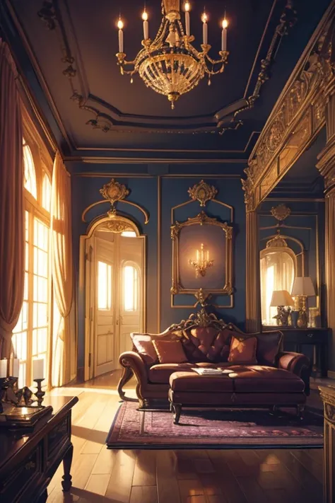 Interior, victorian Manor with reliquies, (((Nigth))), (((moonligth enters the living room))) soft pale orange palette, soft violet secundary exterior ligth 