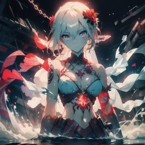 ((masterpiece, best quality)), Epic battlefield atmosphere，Delicate face，bride，whole body，Standing picture，glowing red eyes，Large Breasts，Perfect body proportions，Pure white background，Rose，firefly，Water Ripples，Lace，Transparent sex bikini，Tattoo，chain