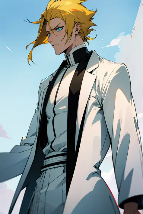 1male, Young Adult, Short Hair, YellowColored Hair, Black Highlights, Two Toned Hair, Sky Blue Eyes, Bleach, Hueco Mundo, Arrancar Clothing, Sunny, Muscular, White Coat, Detailed Eyes, Wavy Hair, Earring, Slicked Back Hair