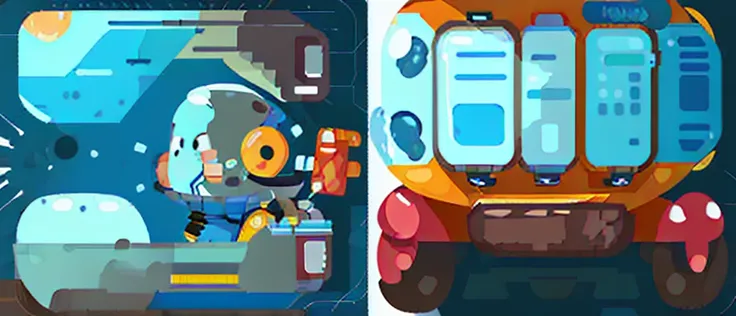  Space suit man cartoon，Space car cartoon, Heavy Line Drawing,Vehicles with steering wheels, Fusion Mecha Parts, highly detailed panel cuts,线条分割成Different colored tiles，Different colored tiles，Color blocks，Bright colors，Vibrant colors，Color contrast，Pictur...