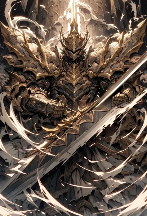 extremely detailed human warrior wearing a set of armor made from primordial material wielding a massive greatsword with both hands made of the same material with chunks of earth swirling around them