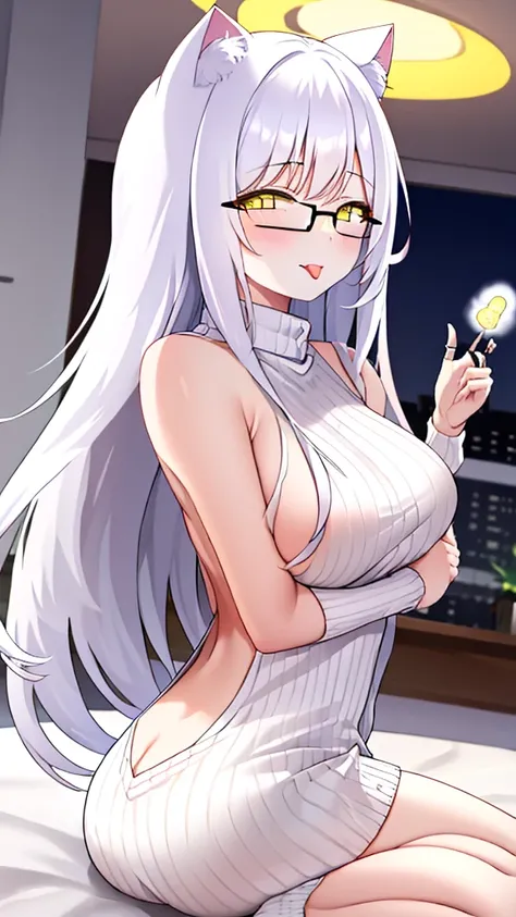 A 20-year-old female angel with long, white hair, yellow eyes, white cat ears, and large white angel wings. A glowing yellow halo ring overhead. round white glasses (White halter turtleneck sweater, white purekiller sweater, sleeveless, sexy backless sweat...