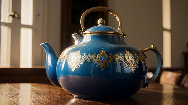 The hourglass shape of the teapot is a work of art, baroque style, glossy shiny vibrant golden colour, blue sapphire inlay, red pearl and  rubies,  aesthetics, realism, beauty sophistication, luxury, professional photo, high detail, high resolution, hyperr...