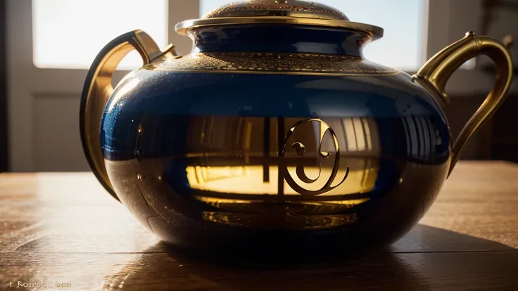 The hourglass shape of the teapot is a work of art, baroque style, glossy shiny vibrant golden colour, blue sapphire inlay, red pearl and  rubies,  aesthetics, realism, beauty sophistication, luxury, professional photo, high detail, high resolution, hyperr...