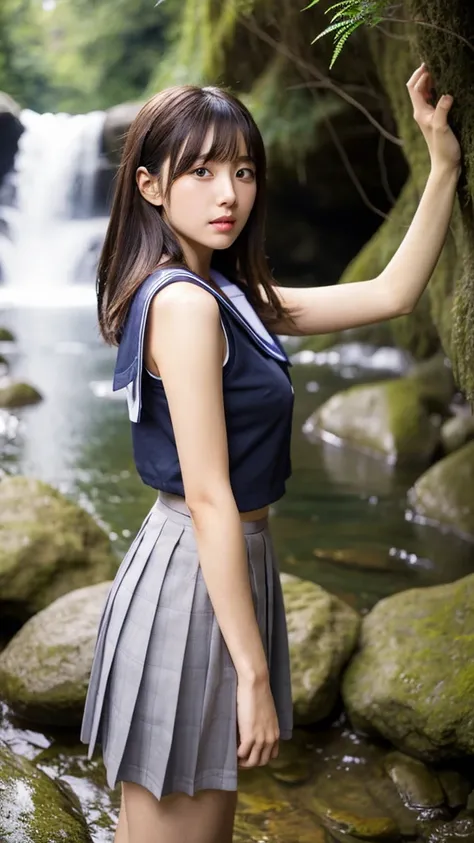 Masterpiece Best Night 18-year-old Japanese middle-aged woman、Photographed in front of a waterfall in the forest、Idol face、 Brown short bob、Wearing a sailor uniform、Photographed by the Goddess、Calm and intelligent three-band gray eyes , Very large 40 inch ...