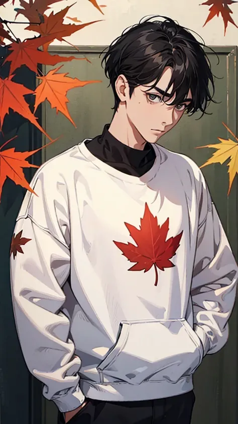 Man, middle age, black hair, droopy eyes, thin eyebrows, white sweatshirt, maple leaf pattern, hands in pockets, upper body