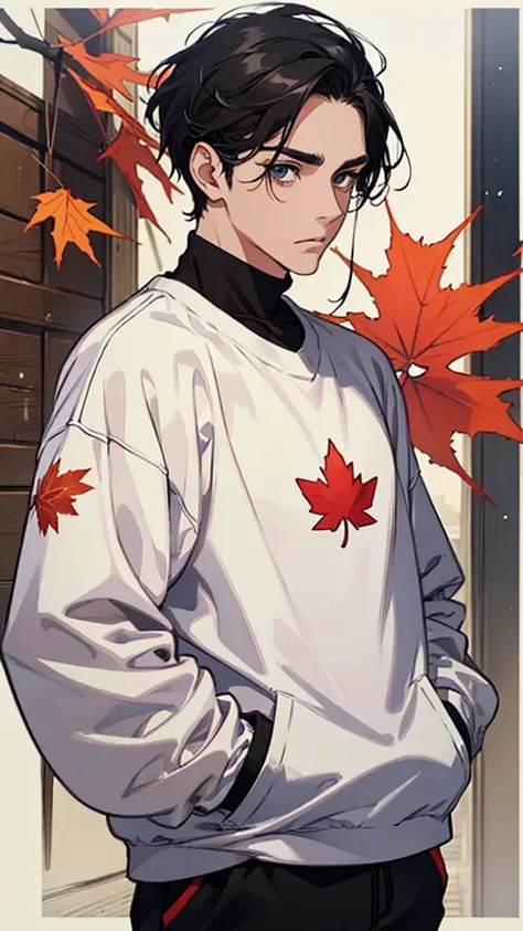 Man, middle age, black hair, droopy eyes, thin eyebrows, white sweatshirt, maple leaf pattern, hands in pockets, upper body