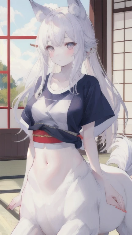 (best quality, masterpiece), 1 girl, centaur, It takes, White skin, Japanese  , exposing the abdomen,belly button t-shirt, beautiful girl perfect wolf photo, perfect wolf photo