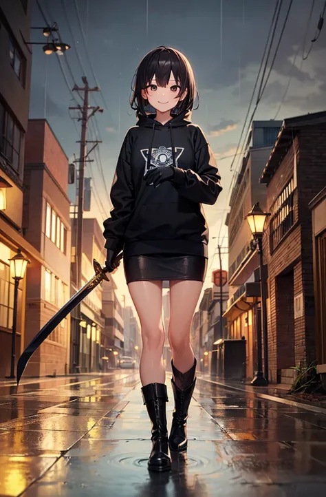 girl, rain, black sweatshirt, short black skirt, (long sword in right hand), smile, black boots, black knuckleless gloves, abandoned city at night