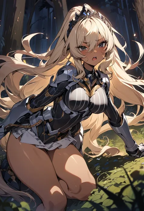 (anime style),masterpiece, best quality, extremely detailed,12Years old,tanned skin,dark skin, Beautiful body,large breasts press,BREAK,multicolored colorful blonde hair,shaggy hair,long hair,long pony hair,BREAK,black eyes,black choker,dignified face,disg...