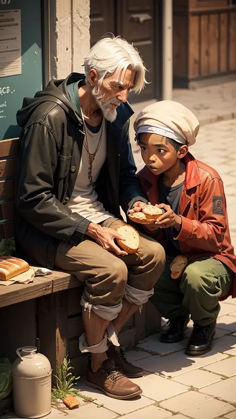 Sharing: The beggar sharing half of his bread with another hungry beggar.