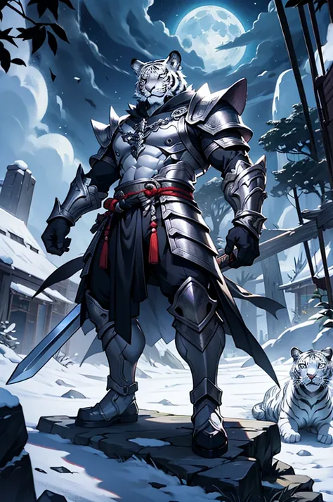 white tiger monster, muscular monster, Wearing traditional oriental silver leather armor. Roar and swing your sword, Full body showing, Moonlit night