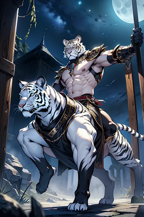 white tiger monster, muscular monster, Wearing traditional oriental silver leather armor. Roar and swing your sword, Full body showing, Moonlit night