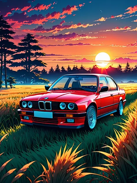 anime landscape of a pearl super sunny red classic 1993 bmw e30 318i sport sits in a field of tall grass with a sunset in the ba...