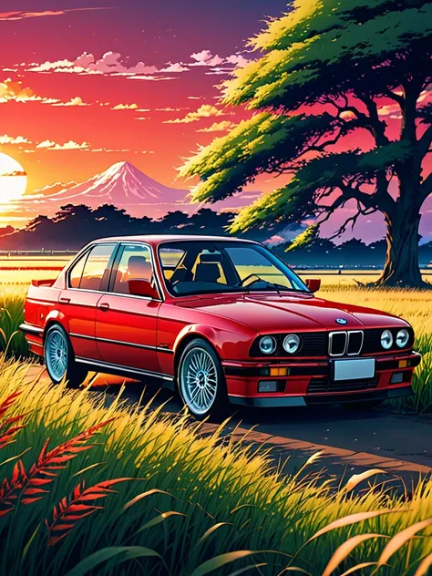 anime landscape of A pearl super sunny red classic 1993 BMW E30 318i sport sits in a field of tall grass with a sunset in the background.beautiful anime scene, beautiful anime peace scene, Makoto Shinkai Cyril Rolando, beautiful anime scene, amazing wallpa...