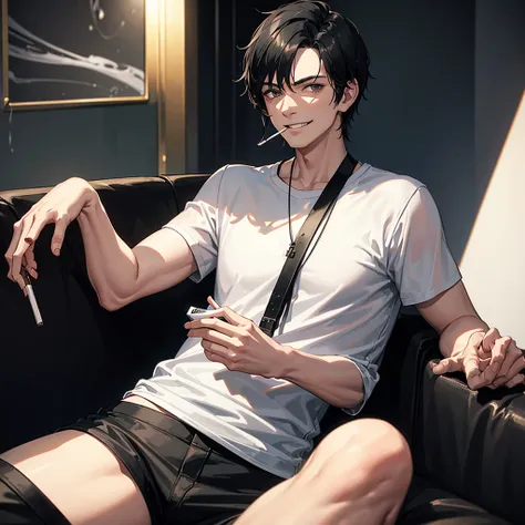 a grinning man, smoking cigarette, white short-sleeved t-shirt, black pants, black hair, sitting on sofa, legs raised on table, cigarette ashtray filled with cigarettes, photorealistic, 8k, highly detailed, studio lighting, cinematic atmosphere, warm light...