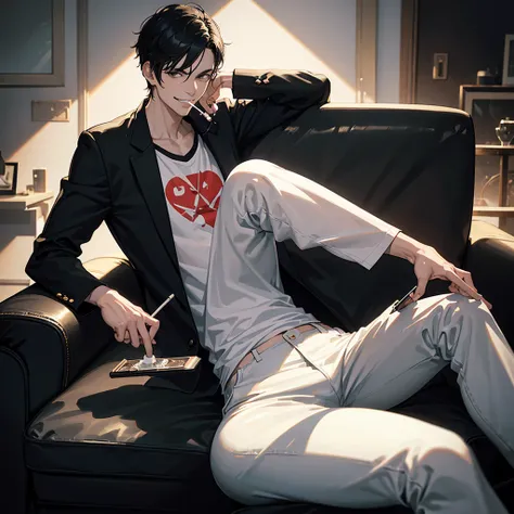 a grinning man, smoking cigarette, white short-sleeved t-shirt, black pants, black hair, sitting on sofa, legs raised on table, cigarette ashtray filled with cigarettes, photorealistic, 8k, highly detailed, studio lighting, cinematic atmosphere, warm light...