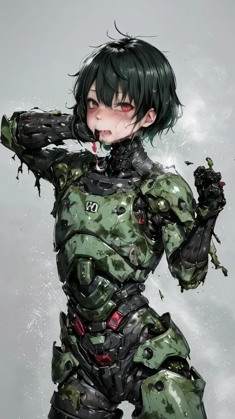 Rough skin, Very detailed, Advanced Details, high quality, 最high quality, High resolution, 1080P 、Bleeding from the wound、Sexy Eyes、Wearing green and black、cute((The whole body is sweating))(Equipped with a damaged battle suit....)(Dark green armor)(Broken...