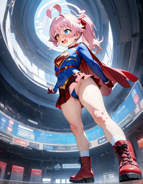 (full body), (masterpiece:1.2), (Highest_quality:1.2), (Ultra_detailed:1.3), 8K,Low - Angle，From below，1 Girl，alone，大きなButtの女の子, Red long boots，wearing spcc costume with cape，( Supergirl), Blue leotard，Red mini skirt，Red Cape，gloves，hoshino-ponytail,hoshin...