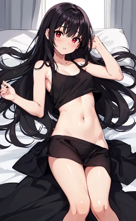 (best quality,high resolution,Beautiful detailed eyes,White lighting:1.2),red eyes, looking at viewer, long hair, black hair, blush, laying on bed,,small T-shirt only covering her breasts,small scurt,exposed stomach, medium breasts