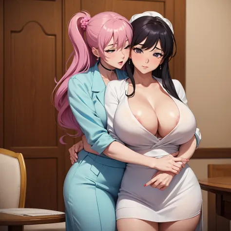 Masterpiece，Best Quality，(There are only two people:1.3)，absolutely beautiful，A mature woman and a (Very little:1.2) Chico, Mother and son hug，Hugs，huge tit,  Ecchi anime style, ecchi style, Full color manga visual style, shoujo manga